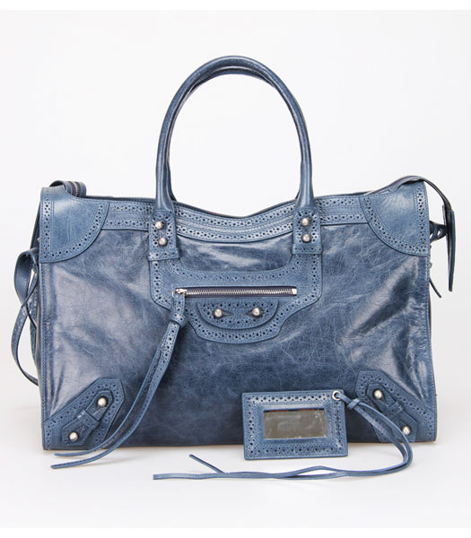 Balenciaga Handbag Sapphire Blue Imported Oil Leather Pearl Silver Nails
