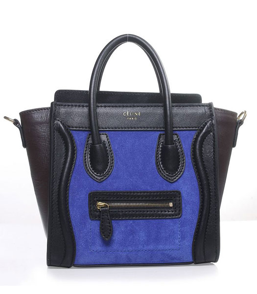Celine Nano 20cm Small Tote Handbag Blue Suede With Black/Light Coffee Original Leather