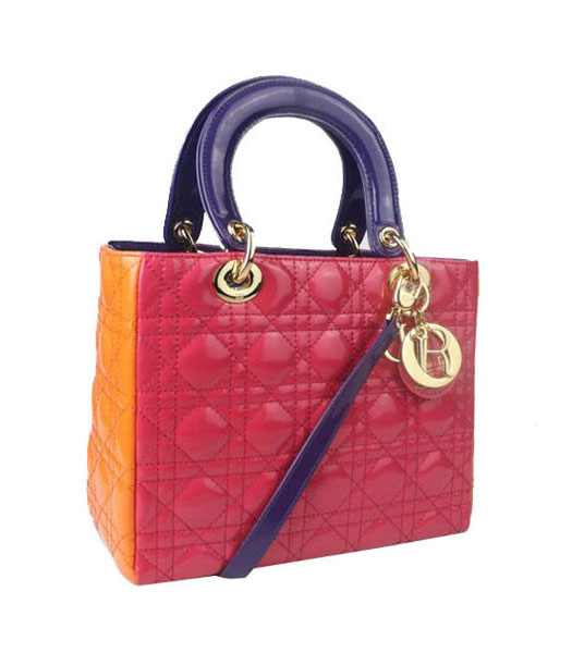 Christian Dior Small Lady Cannage Golden D Tote Bag Peach Patent Leather With Purple Handle