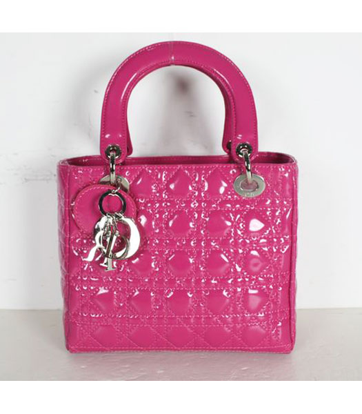 Dior Small Lady Cannage Silver D Tote Bag Fuchsia Patent Leather