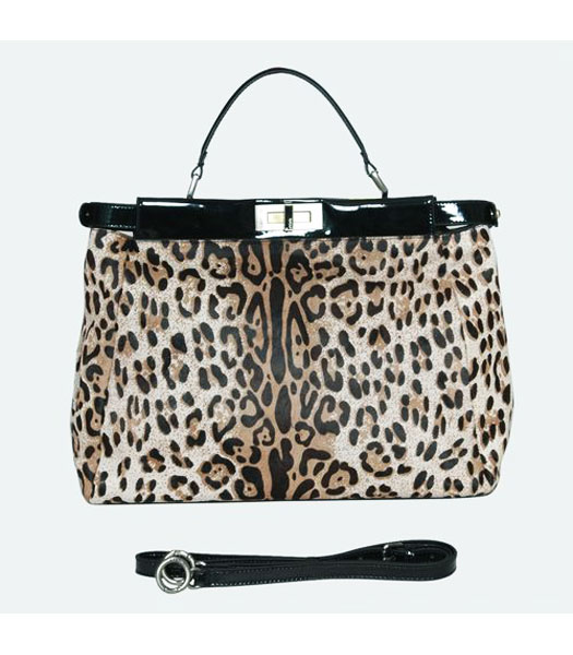 Fend Tote Bag White Leopard Veins Hairs with Leather Trim