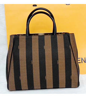 Fendi 2jours Stripe Fabric With Black Leather Tote Bag
