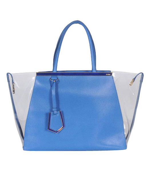 Fendi 2jours Transparent Plastic With Blue Cross Veins Leather Tote Bag