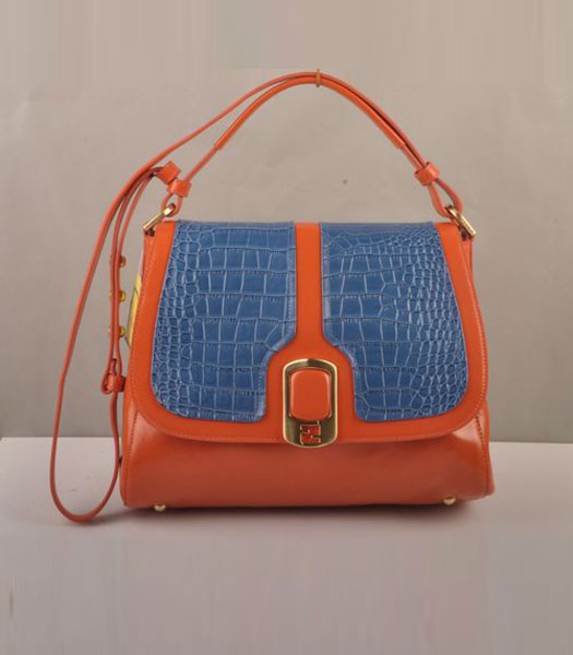 Fendi Anna Orange Oil Leather with Blue Croco Shoulder Bag