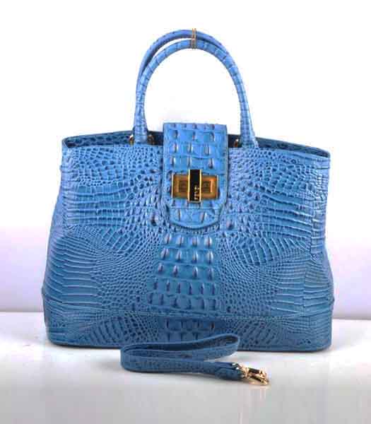 Fendi Croc Veins Calfskin Leather Tote Bag Blue 