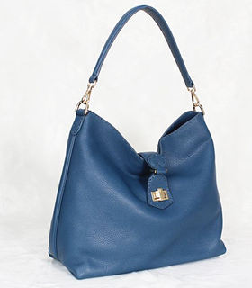 Fendi Dark Blue Original Litchi Pattern Leather Hobo Bag