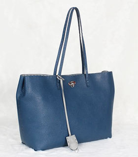 Fendi Dark Blue Original Litchi Pattern Leather Shopper Bag