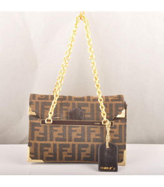 Fendi F Canvas Chain Bag with Coffee Leather Trim