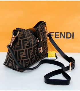 Fendi FF Fabric With Black Leather Small Hobo Bag