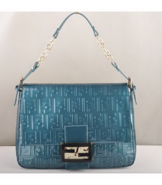 Fendi Forever Mama Large Flap Bag Blue Patent Embossed Leather