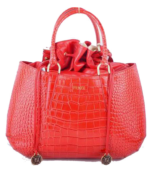 Fendi Large Red Croc Veins Leather Tote Bag
