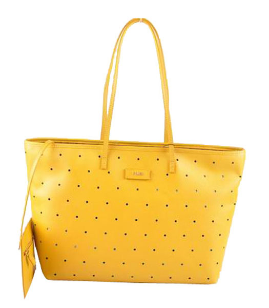 Fendi Medium Shopping Bag Yellow Calfskin Leather Covered By Holes