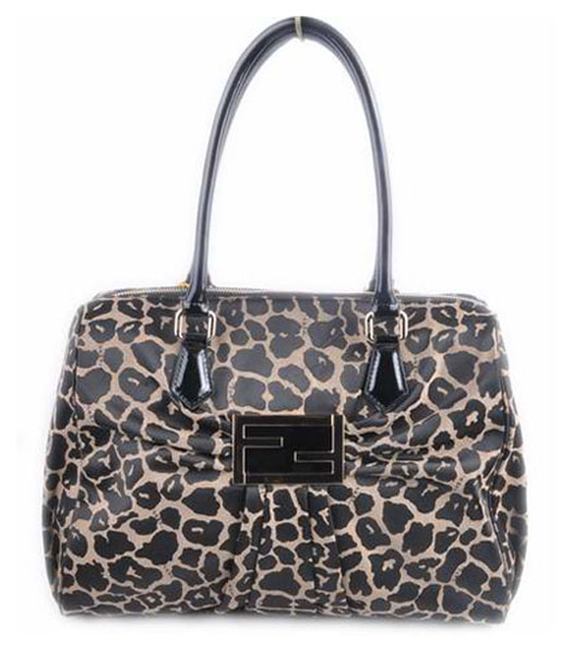 Fendi New Leopard Fabric with Black Patent Leather Handbag