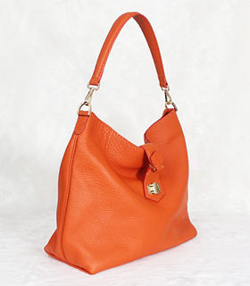 Fendi Orange Original Litchi Pattern Leather Hobo Bag