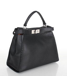 Fendi Peekaboo Black Litchi Pattern Leather Large Tote Bag With Orange Original Inside