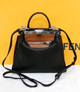 Fendi Peekaboo Black Litchi Pattern Leather Tote Bag With Orange Leather Inside