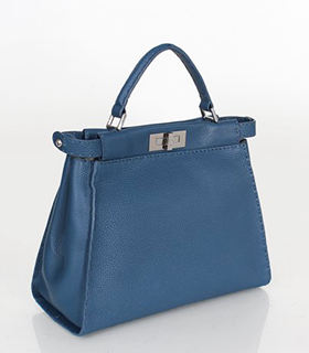 Fendi Peekaboo Blue Litchi Pattern Leather Large Tote Bag With Khaki Original Inside