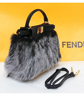 Fendi Peekaboo Grey Mink Hair With Original Leather Tote Bag