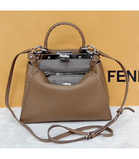 Fendi Peekaboo Light Coffee Litchi Pattern Leather Tote Bag With Apricot Leather Inside