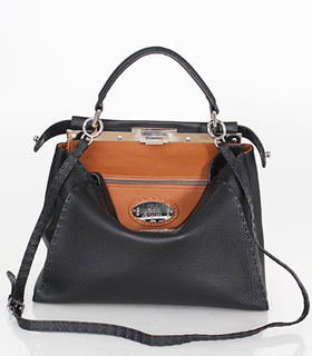 Fendi Peekaboo Medium Black Litchi Pattern Leather Tote Bag With Orange Litchi Pattern Original Inside