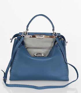 Fendi Peekaboo Medium Blue Litchi Pattern Leather Tote Bag With Khaki Litchi Pattern Original Inside