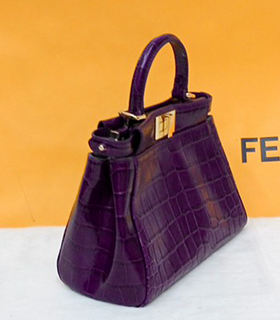 Fendi Peekaboo Purple Croc Veins Leather Tote Bag