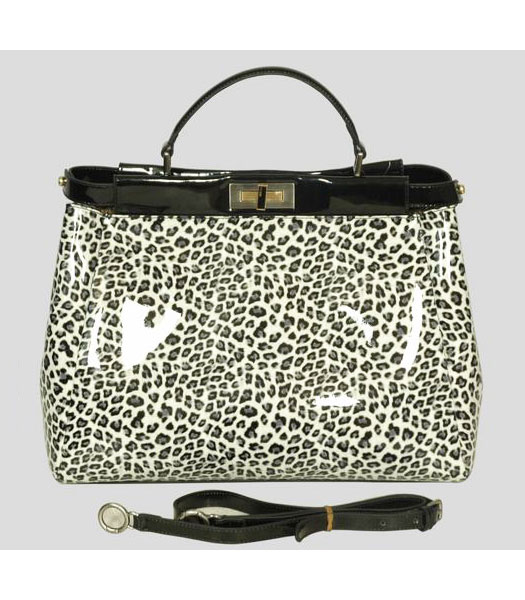Fendi Peekaboo Tote Bag White Leopard Patent Leather
