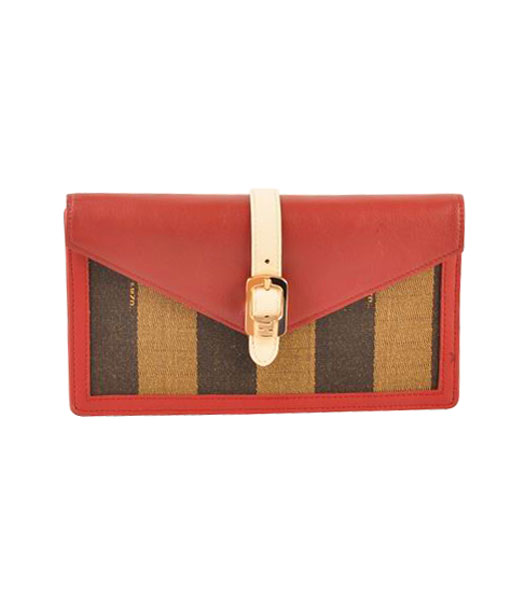 Fendi Pequin Envelope Striped Fabric With Red Leather Clutch