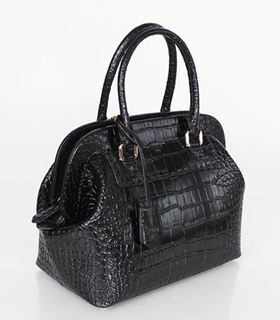 Fendi Small Black Croc Veins Leather Tote Bag