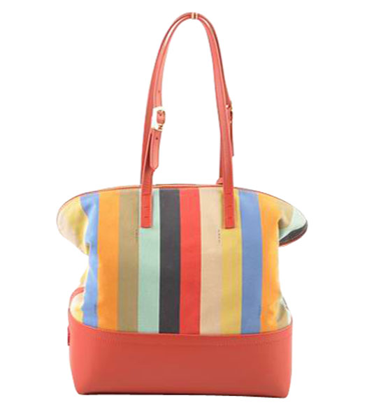 Fendi Zucca Shopper Handbag Multicolor Striped Fabric With Red Leather