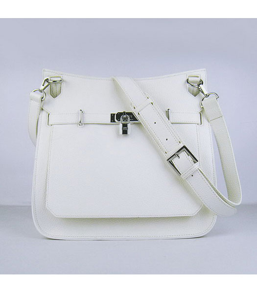 Hermes 34cm Unisex Jypsiere Calfskin Leather Bag White with Silver Metal