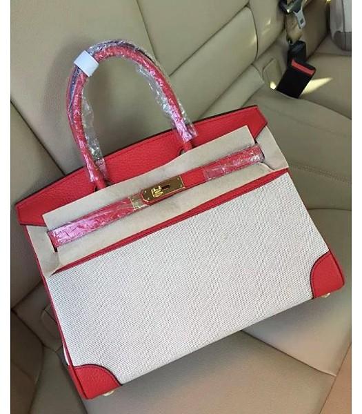Hermes Birkin 25cm Fabric With Leather Tote Bag Red