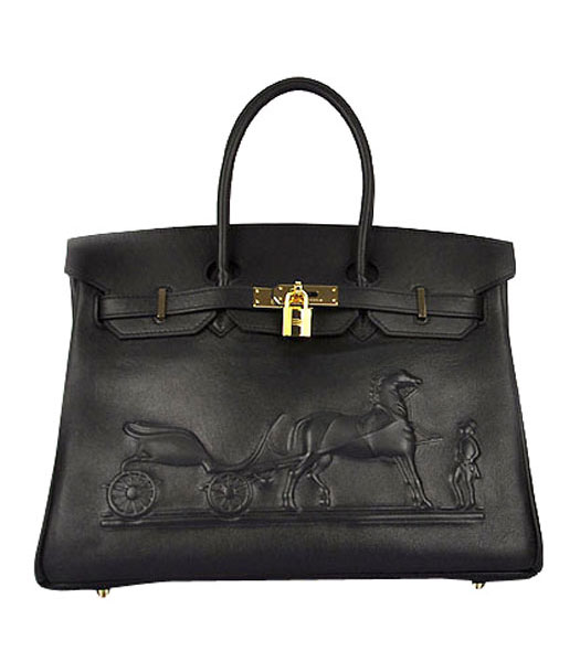 Hermes Birkin 35cm Black Horse-drawn Leather Bag Golden Metal