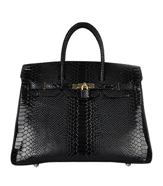 Hermes Birkin 35cm Black Snake Veins Leather Bag Golden Metal