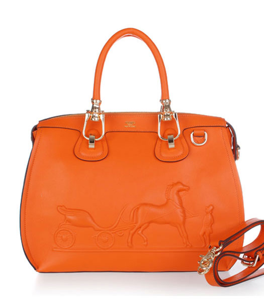 Hermes Horse-drawn Carriage Orange Plain Veins Bag Golden Metal