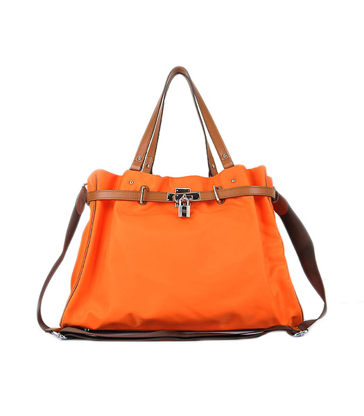 Hermes Large Orange Waterproof Fabric With Light Coffee Calfskin Leather Shoulder Bag