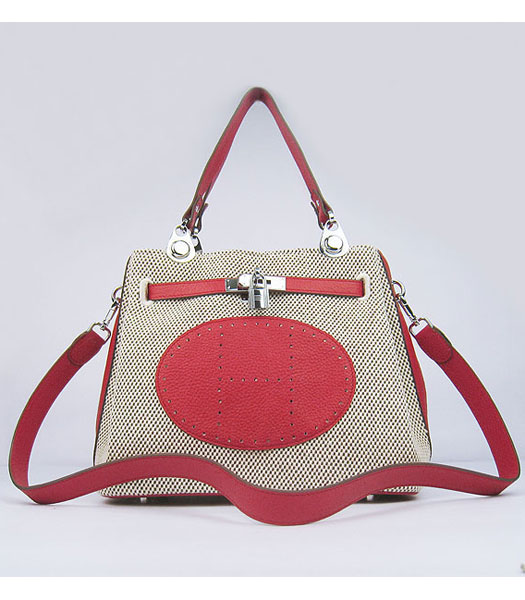 Hermes Mini So Kelly Bag Fabric with Red Togo Leather Silver Metal