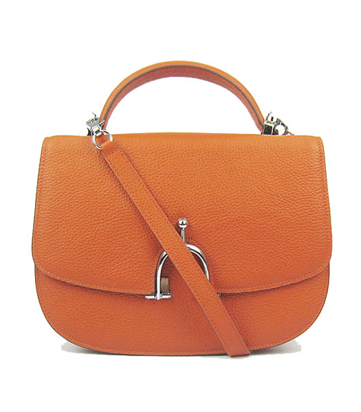 Hermes Single Handles Messenger Bag Orange Calfskin Leather With Silver Metal