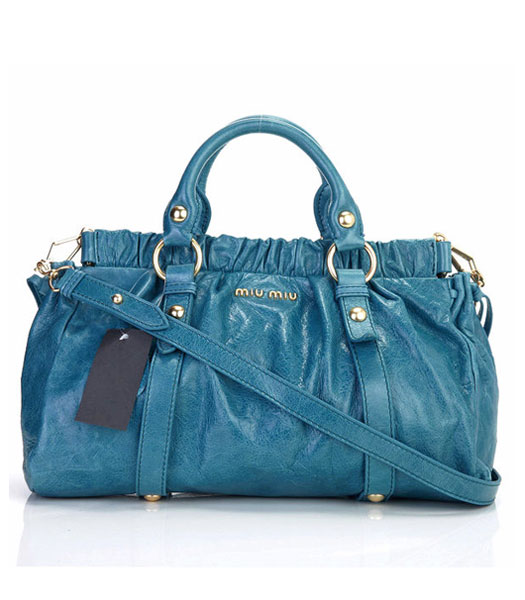 Miu Miu Bow Embellished Imported Oil Wax Calfskin Handbag Sky Blue
