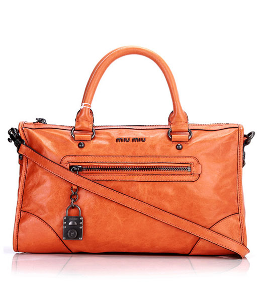Miu Miu Orange Imported Oil Wax Calfskin Leather Tote Bag