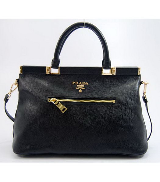 Prada Boston Tote Shoulder Zip Bag in Black Leather