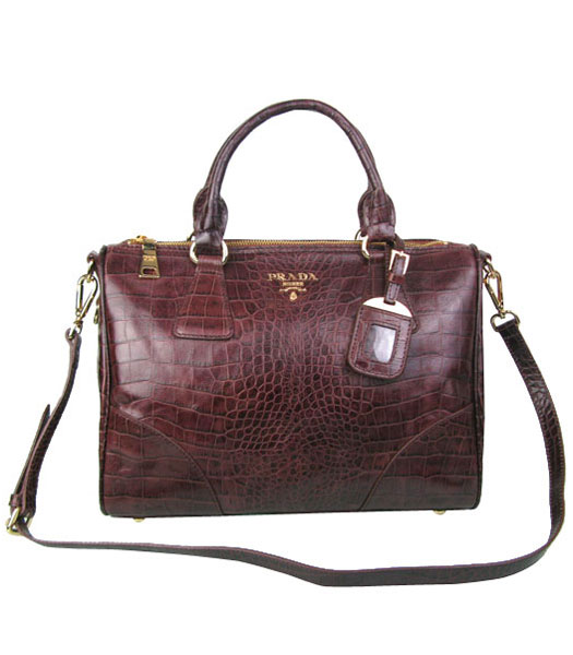 Prada Coffee Croc Veins Leather Tote Handbag