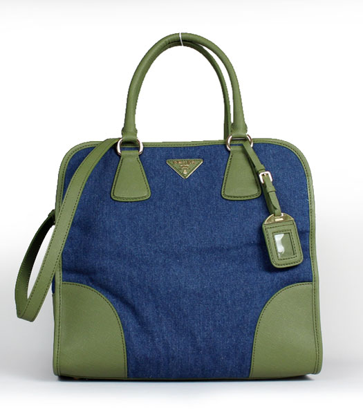 Prada Denim With Green Calfskin Leather Top Handle Bag
