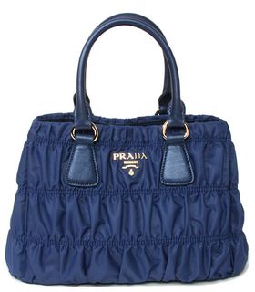 Prada Gauffre Fabric With Middle Blue Leather Tote Bag