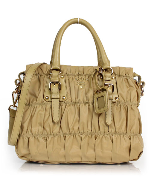 Prada Gaufre Apricot Fabric With Lambskin Leather Top Handle Bag
