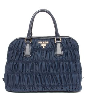 Prada Gaufre Fabric With Dark Blue Nappa Leather Tote Handle Bag
