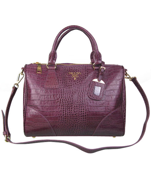 Prada Purple Coffee Croc Veins Leather Tote Handbag
