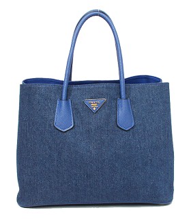 Prada Saffiano Cuir Denim With Blue Leather Tote Bag