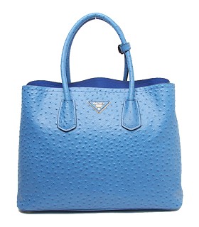 Prada Saffiano Cuir Electric Blue Ostrich Veins Leather Tote Bag