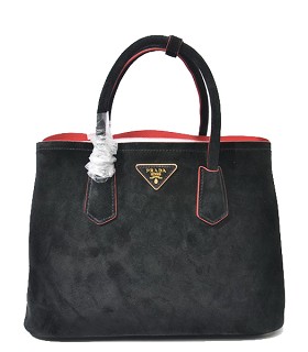 Prada Saffiano Cuir Small Double Bag in Black Original SuedeRed Lambskin Leather